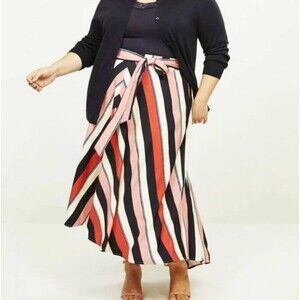 Lane Bryant Lena 22W Tie Waist Midi Skirt Striped Red Blue Pink Plus Size